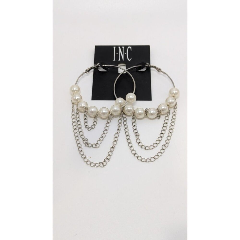 INC Silver Pearl Chain Hoops Earrings